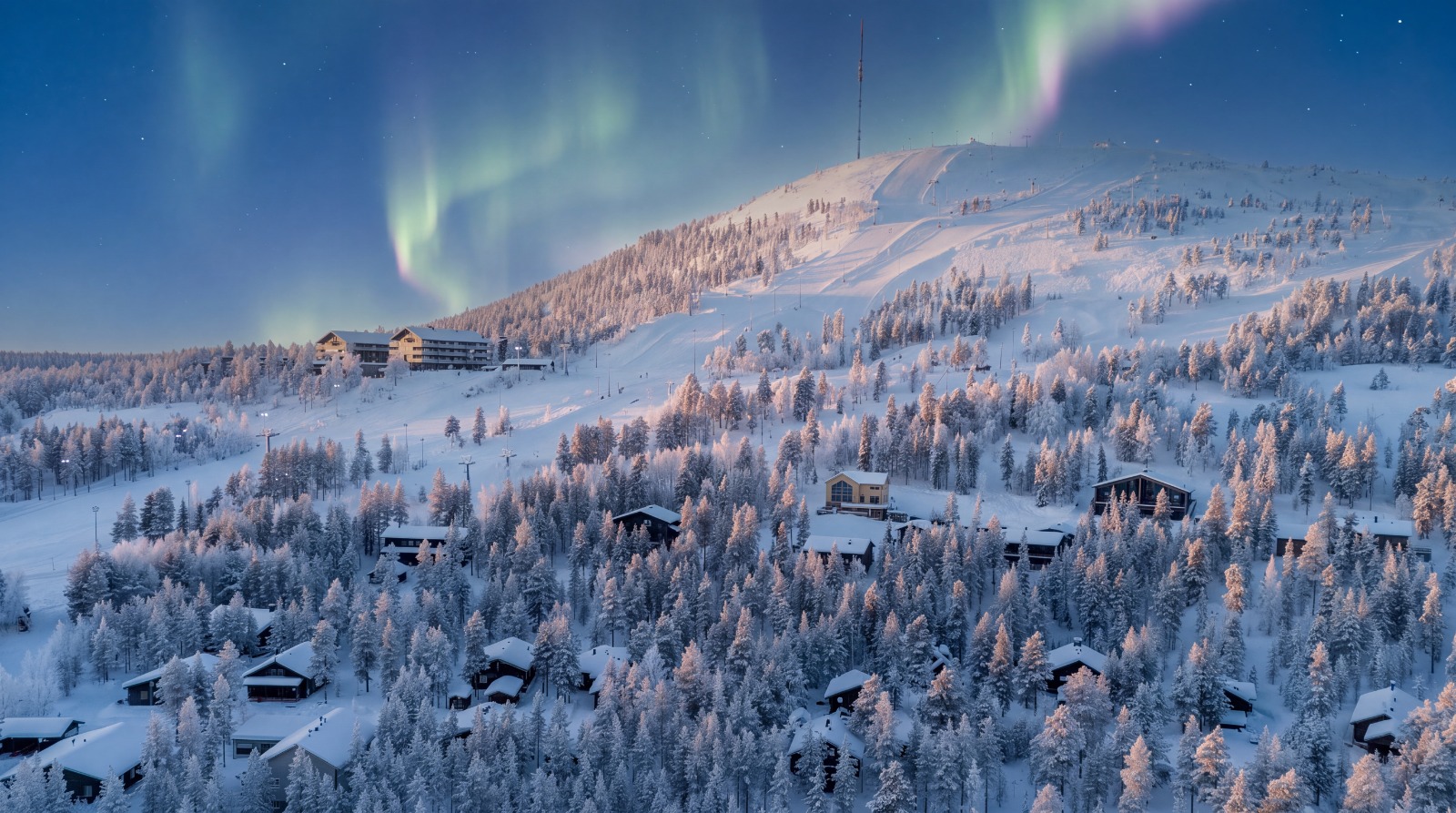Northern lights over a snowy fell and cabins in Lapland
